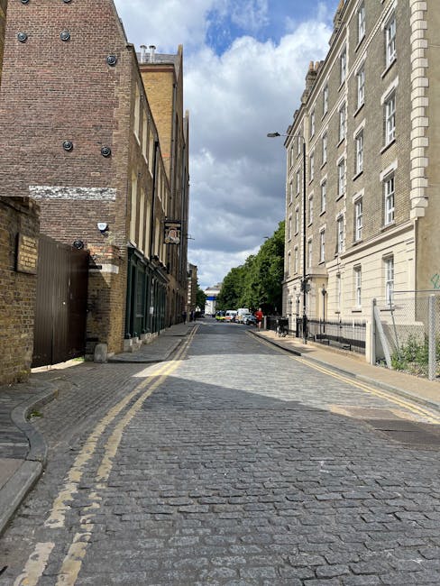 A narrow cobblestone street in a residential area of Belsize Park, with terraced houses on both sides. The houses have small front gardens decorated with potted plants and flowers, some with window bo